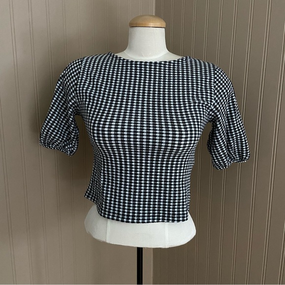 Kiabi Black & White Gingham Tie Back Crop Blouse Top Women’s Size XS/S - Picture 3 of 8